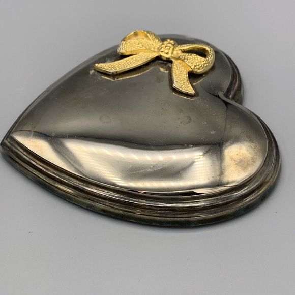 Vtg Metal Silver Toned Heart Trinket Box Blue Lining Jewely Box Gold Tone Bow - Picture 13 of 16